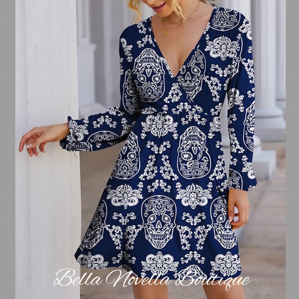 Sugar Skull & Floral Print Mini Dress